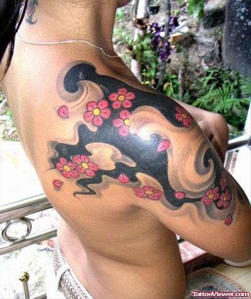 Asian Flowers Tattoos On Right Shoulder