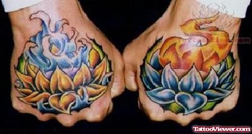 Asian Flaming Lotus Flowers Tattoos On Hands