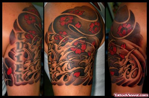Japanese Flowers Asian Tattoo On Shoulder
