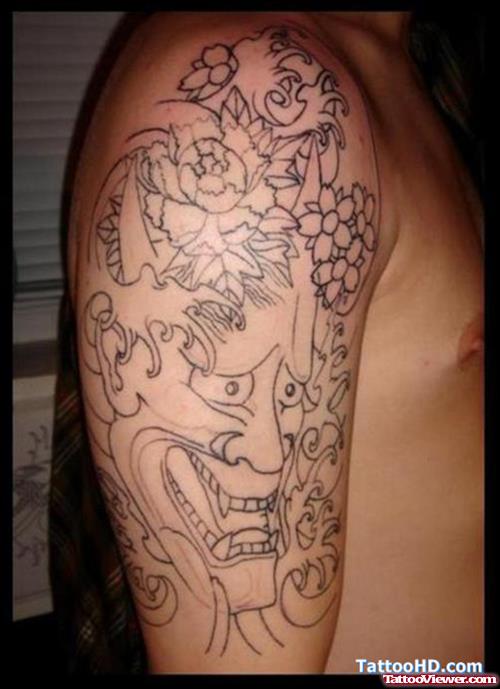 Outline Flowers And Asian Tattoo On Half Sleeve
