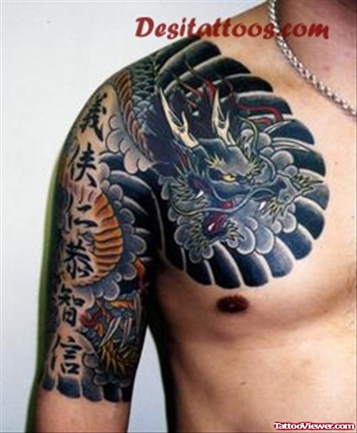 Amazing Colored Asian Tattoo On Chest And Half Sleeve