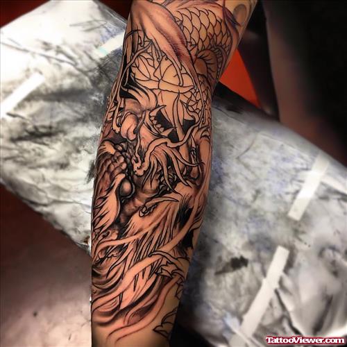 Grey Ink Asian Tattoo On Right Sleeve