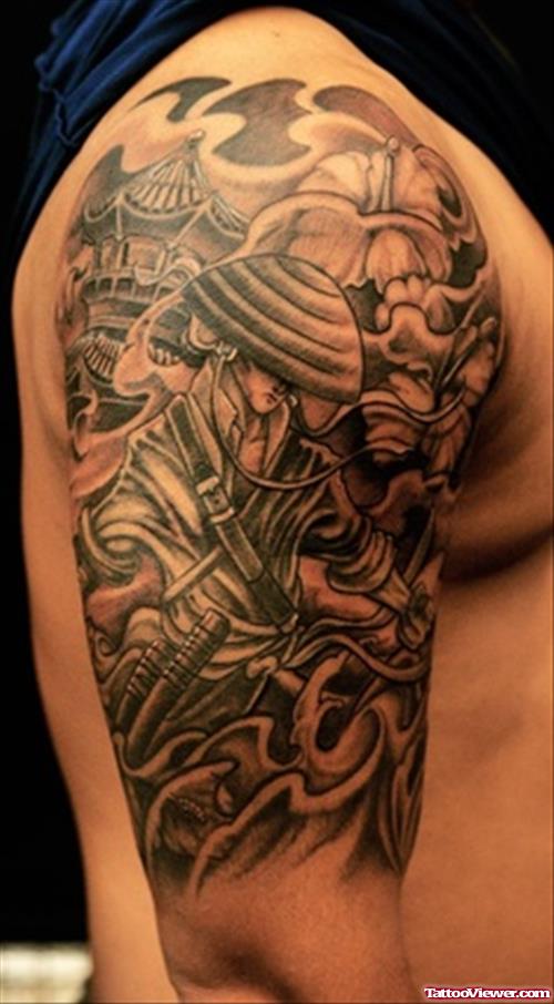 Cool Grey Ink Asian Tattoo On Man Right Half Sleeve