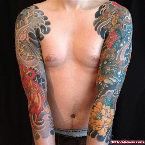 Colored Asian Tattoos On Full Sleeve