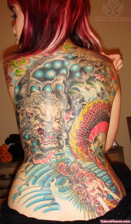 Colored Asian Tattoo On Girl Back Body