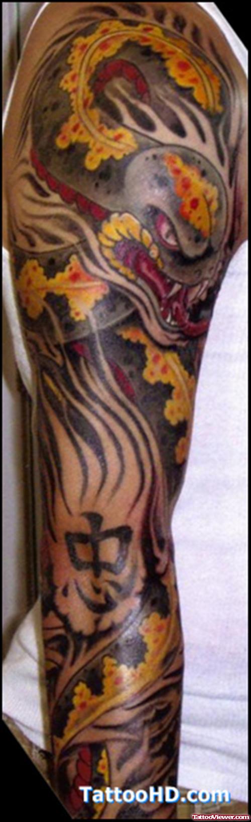 Color Ink Asian Tattoo On Right Sleeve