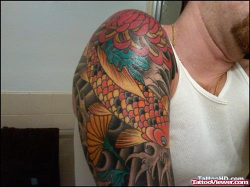 Awesome Color Ink Asian Tattoo On Right Shoulder
