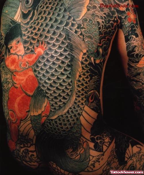 Asian Koi Fish Tattoo On Back Body