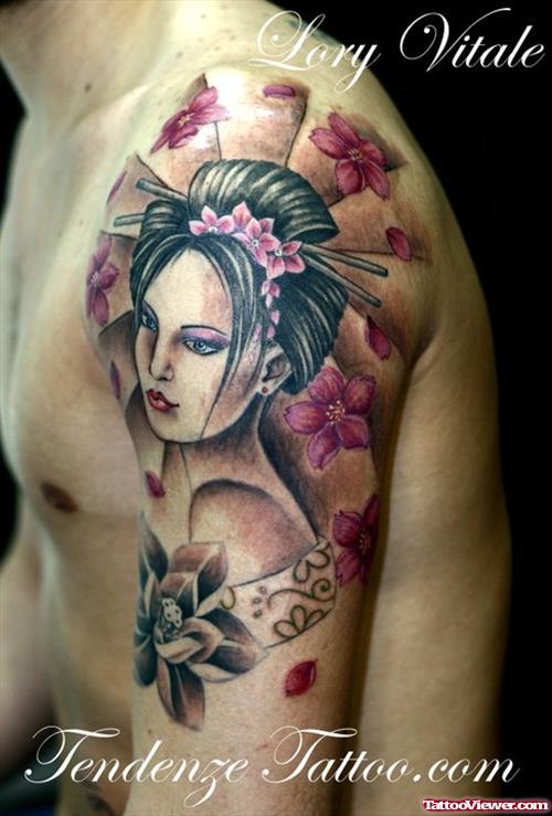 Asian Girl Tattoo On Left Shoulder