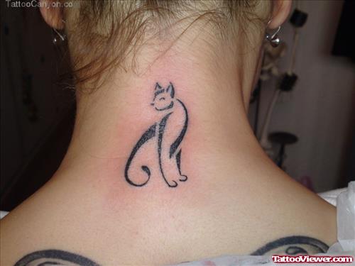 Tribal Asian Cat Tattoo On Nape