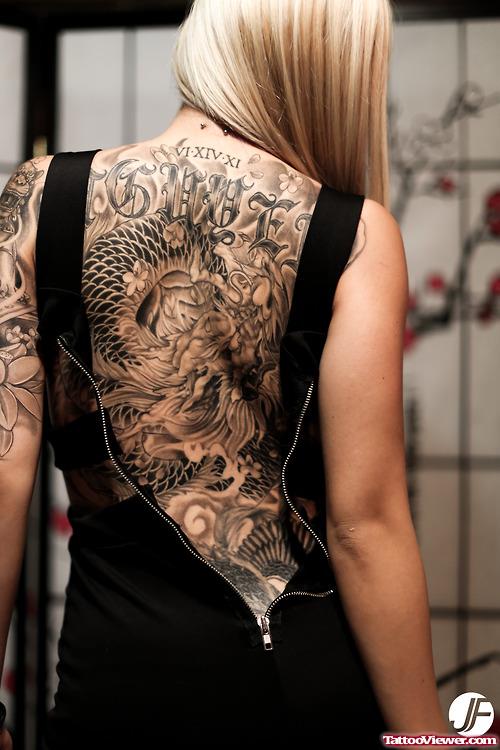 Grey Ink Asian Tattoos On Back