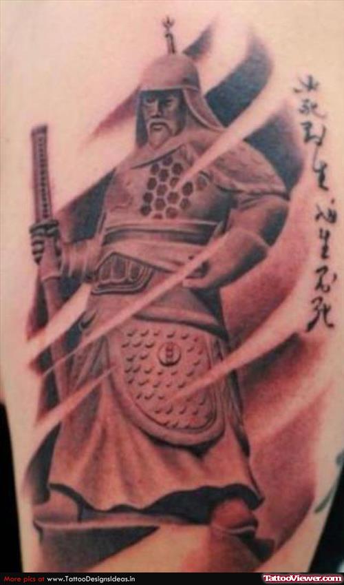 Grey Ink Asian Tattoo On Rib Side