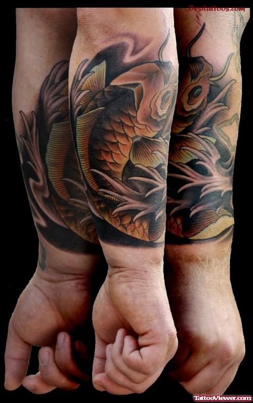 Grey Ink Asian Tattoo On Forearm