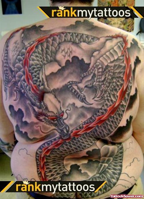 Grey Ink Asian Tattoo On Back