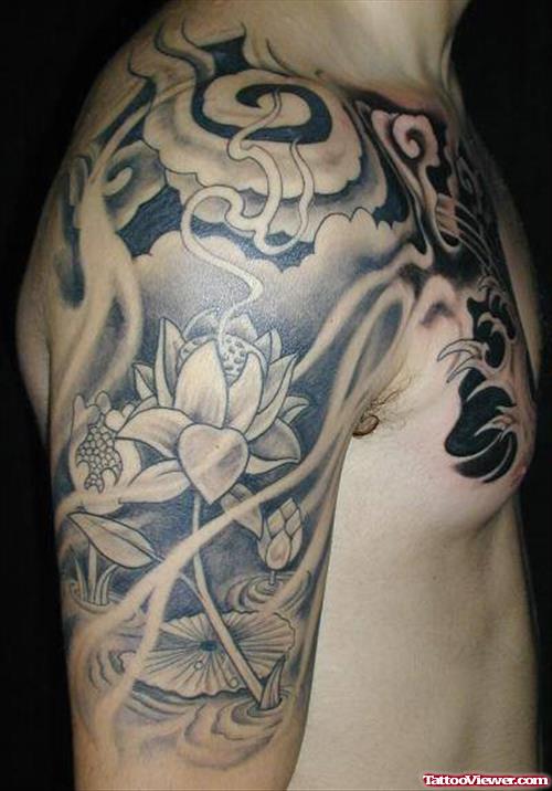 Grey Ink Asian Lotus Flower Tattoo on Right Shoulder