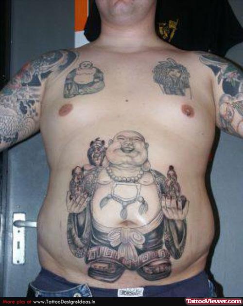 Grey Ink Asian God Buddha Tattoo On Belly