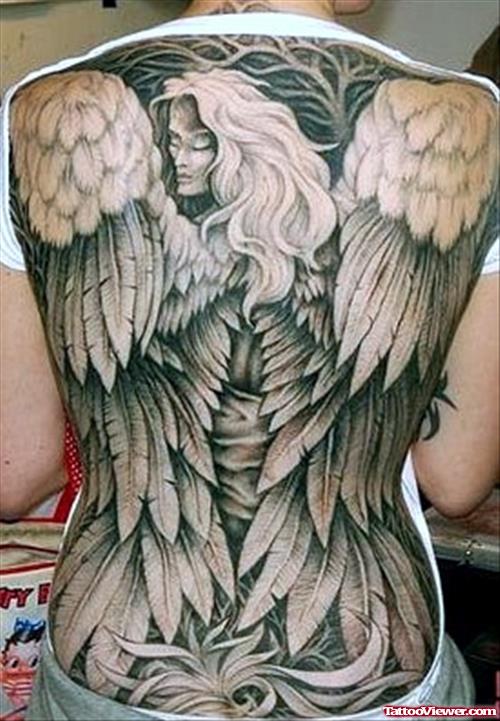Grey Ink Asian Angel Tattoo On Back