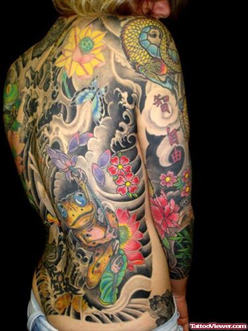 Colored Ink Asian Tattoo On Back And Sleeve