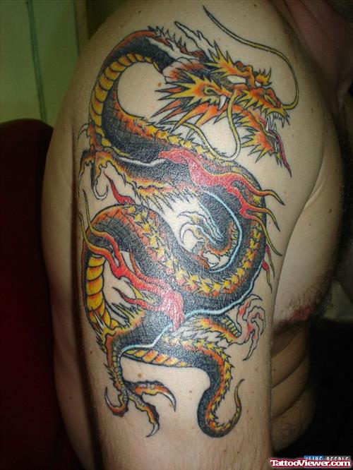 Colored Dragon Asian Tattoo On Right Half Sleeve