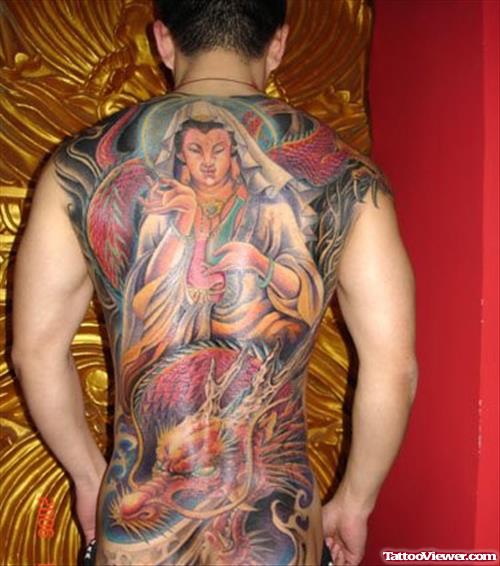 Colored Asian Tattoo On Man Back