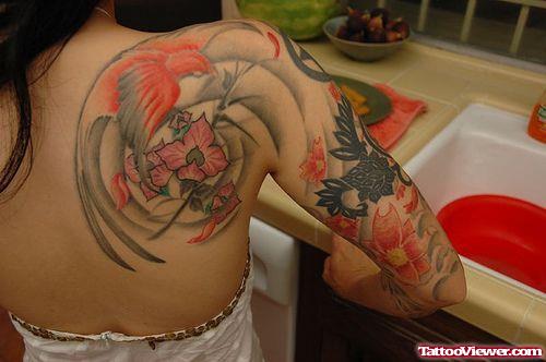 Color Ink Asian Tattoo On Right Back Shoulder