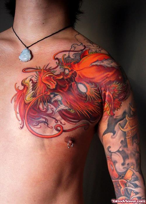 Awesome Colored Ink Asian Tattoo On Man Chest and Left Sleeve