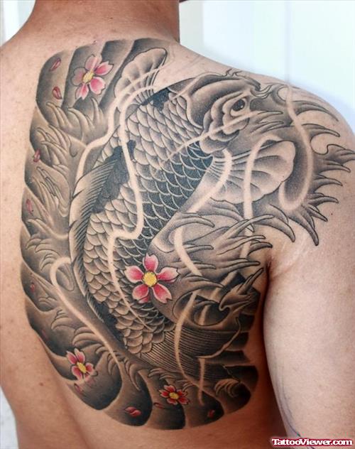 Grey Ink Koi Fish Asian Tattoo On Man Right Back Shoulder
