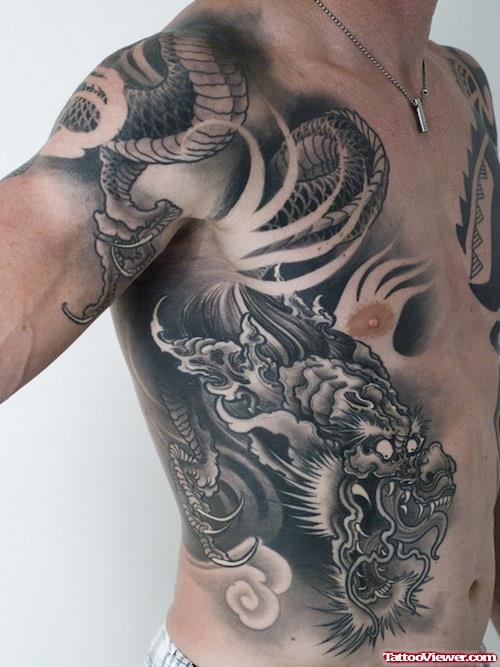 Grey Ink Asian Tattoo On Man Right Side Rib