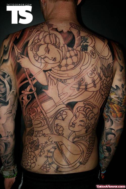 Grey Ink Asian Tattoo On Man Back