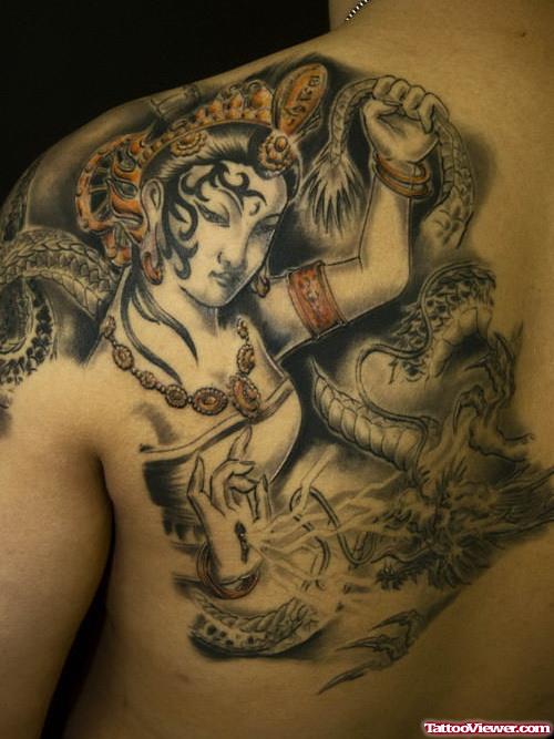 Grey Ink Asian Tattoo On Left Back Shoulder