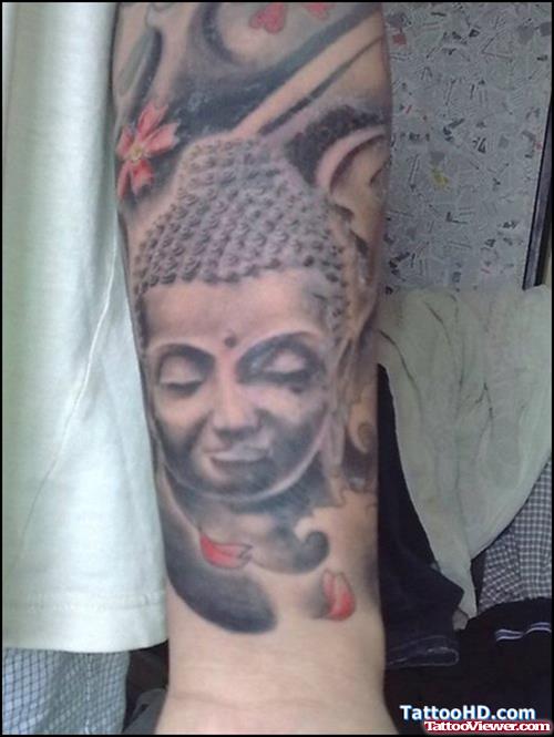 Grey Ink Asian Tattoo On Full Sleeve