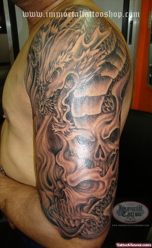 Grey Ink Asian Half Sleeve Tattoo For Men