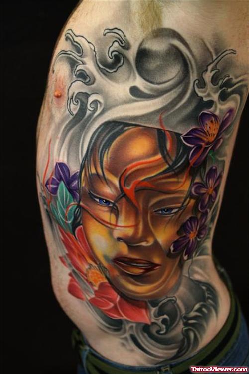 Dark Ink Asian Tattoo On Left Rib Side