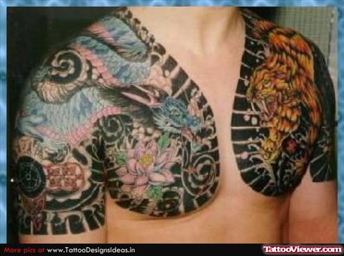 Colored Asian Tattoos On Man Chest