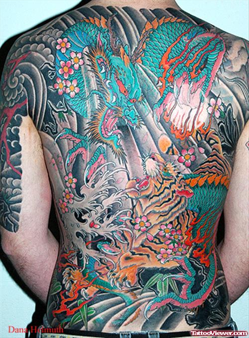 Colored Asian Tattoo On Back Body