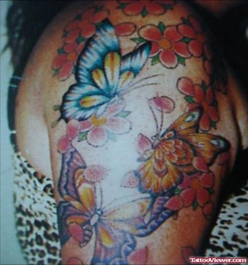 Color Butterflies And Flowers Asian Tattoo