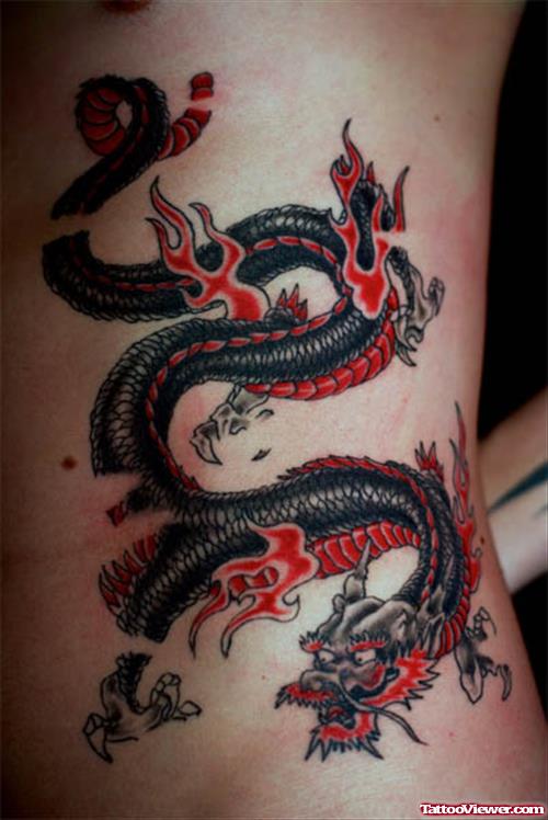Black And Red Ink Asian Tattoo On Rib Side