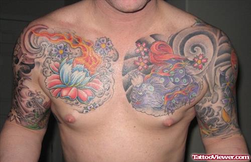 Awesome Colored Asian Tattoo On Man Chest And Half Sleeve