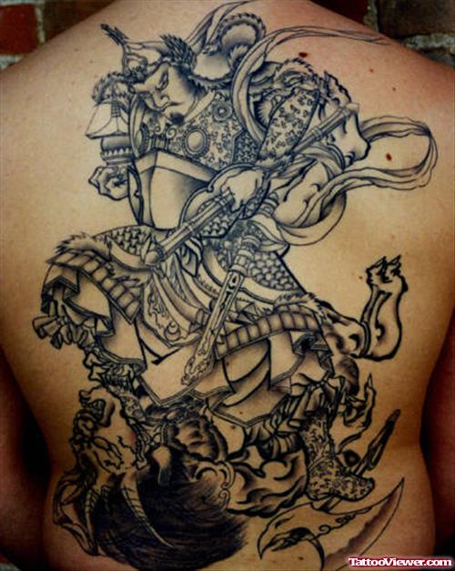 Nice Grey Ink Asian Tattoo On Back Body