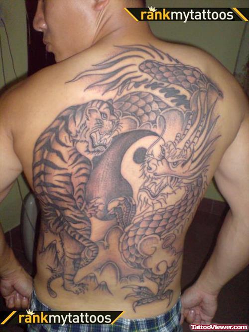 Grey Ink Dragon Tattoo On Man Back