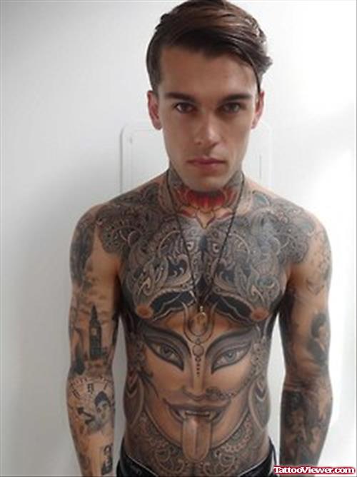 Grey Ink Asian Tattoo On Man Full Back