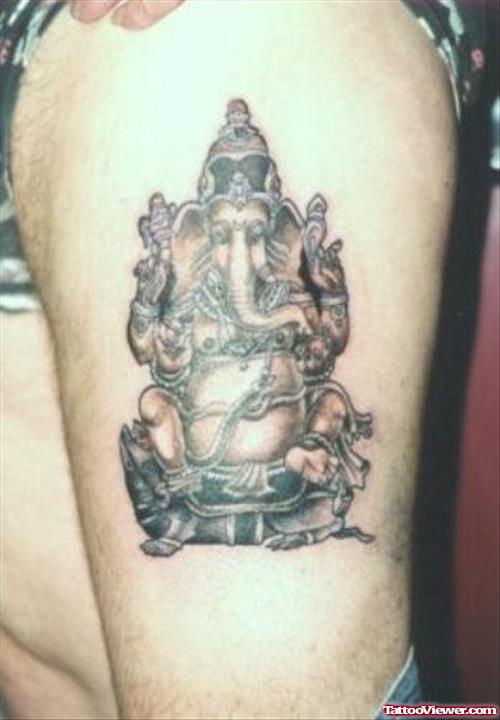Grey Ink Asian God Ganesha Tattoo