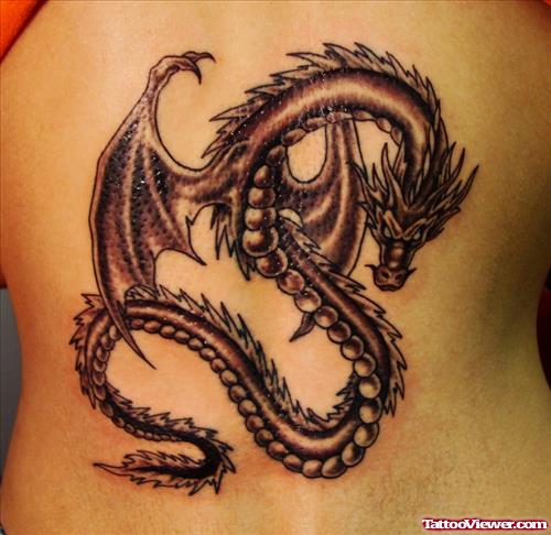 Grey Ink Asian Dragon Tattoo On Back Body