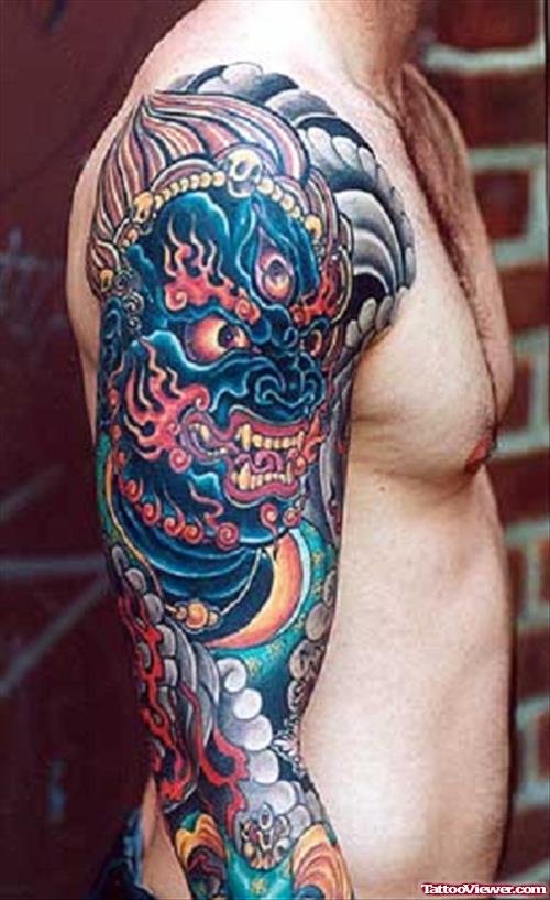 Colorful Asian Tattoo On Man Right Sleeve