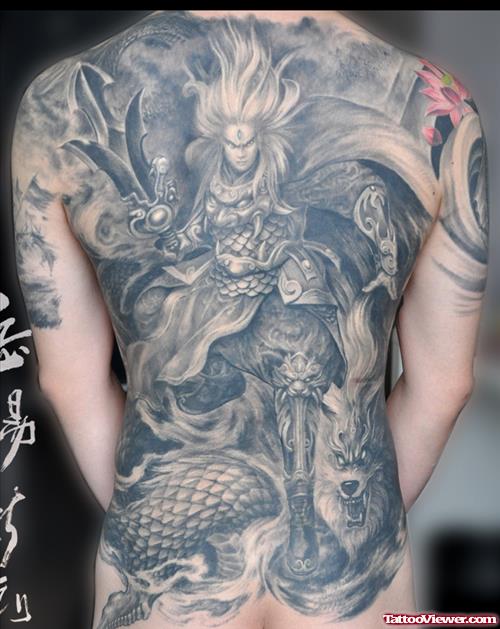 Classic Grey Ink Asian Tattoo On Back