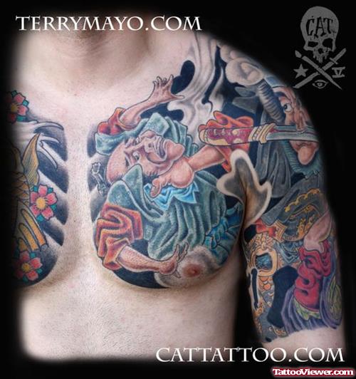 Awesome Colored Asian Tattoos On Chests And Half Sleeve