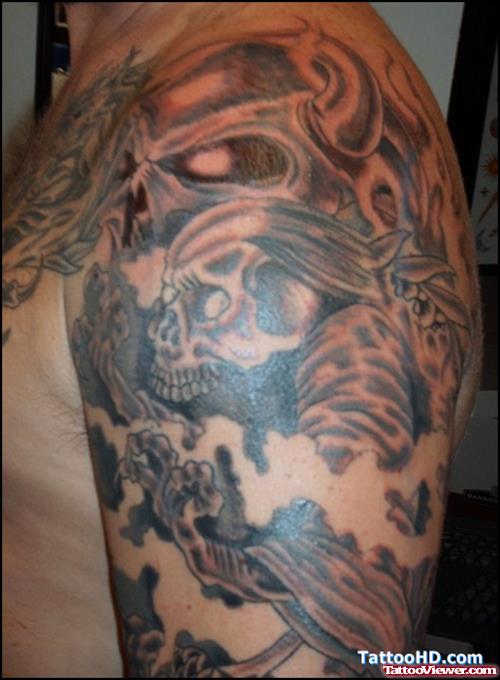Attractive Grey Ink Asian Tattoo On Man Left Half Sleeve
