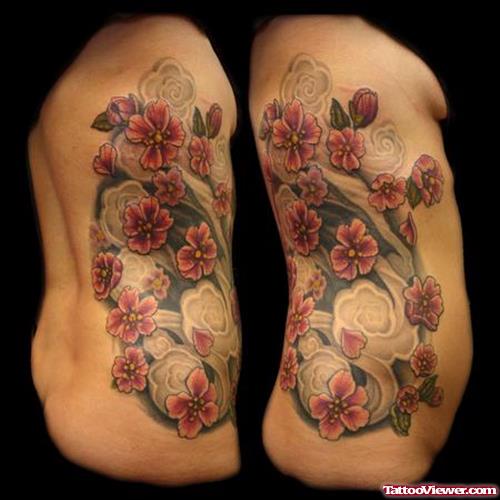 Asian Cherry Blossom Flowers Tattoo On Side Rib