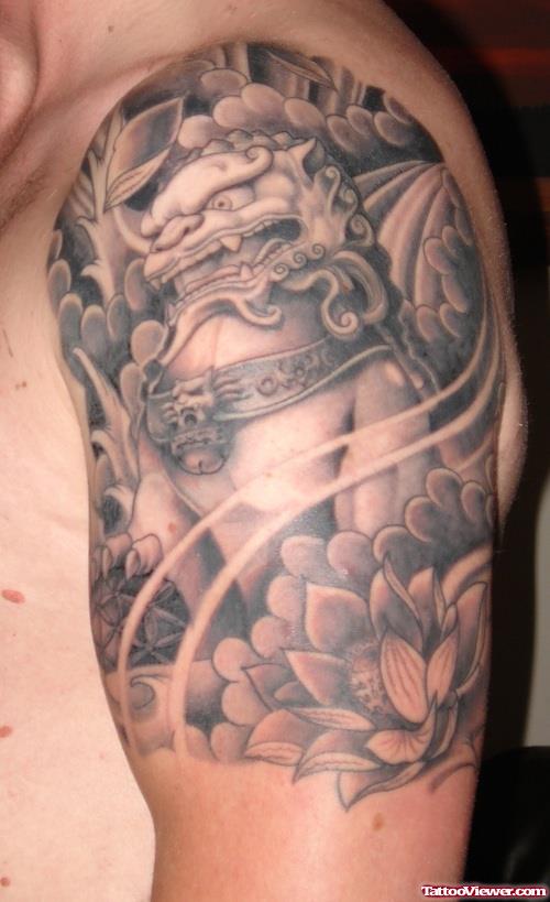 Grey Ink Foo Dog And Lotus flower Asian Tattoo On Half Sleeve