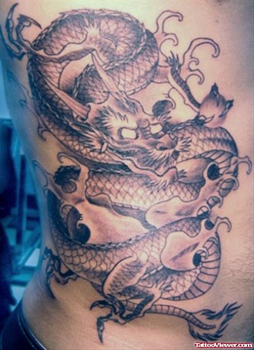 Grey Ink Asian Tattoo On Side Rib